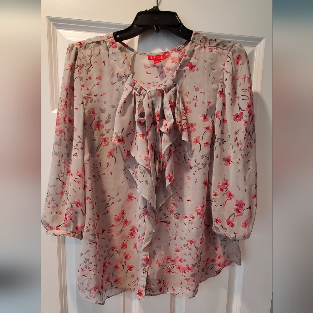 Floral Blouse with Pink and Gray Pattern